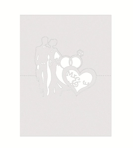 Detailed laser cut Mr & Mrs heart stencil design with wedding ring and couple silhouette