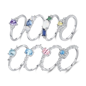 Collection of S925 sterling silver rings with colorful oval and heart shaped crystals