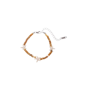 Irregular shell geometric square bracelet with sea stars and orange brown shell beads