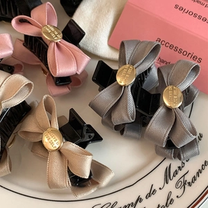 French vintage satin bow hair clips with metallic believe in yourself engraved gold charm