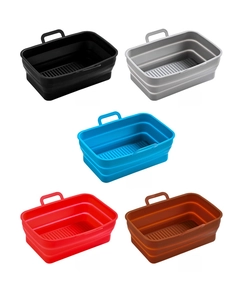 Foldable silicone air fryer basket showing dual handles and five color options in detail