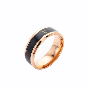 Smart rose gold stainless steel temperature display ring with black finish for couples