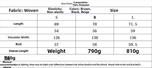 Detailed size chart for women's shearling jacket with measurements in CM and fabric info
