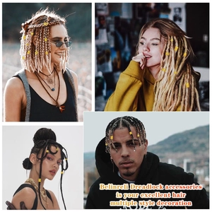 Detailed views of gold dreadlock beads and metal cuffs styled in various braids