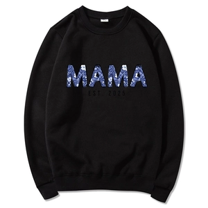 Black Mama Est 2025 Coquette Hoodie with blue floral lettering on a white background