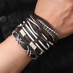 Men's vintage multilayer braided leather bracelet set in brown and white bohemian style