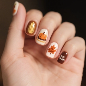 Détail d'ongles de Thanksgiving avec feuilles d'érable, citrouilles et couleurs d'automne