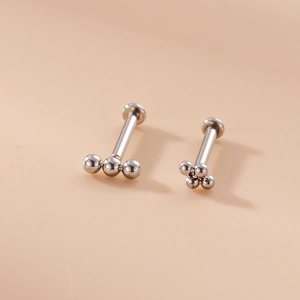16G stainless steel labret stud with a triple bead triangle design and flat back