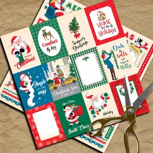 Detailed view of 12 vintage Christmas scrapbooking papers with retro holiday patterns