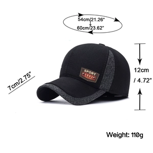 Dimensions détaillées de la casquette de baseball noire avec tour de tête et poids indiqués