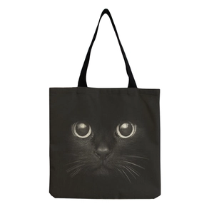 Eco-friendly black cat print tote bag in durable cotton linen for daily shopping use