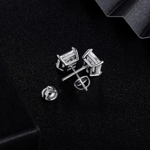 Pair of square emerald-cut zircon stud earrings with silver threaded screw back posts