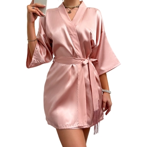 Pink satin bathrobe for women with silk-like finish and fringed belt detail