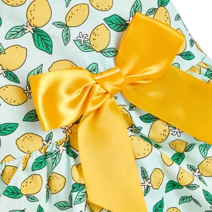 Close-up of blue cotton dog clothing featuring lemon print and a yellow satin bow detail