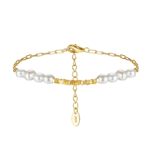 Elegant 925 sterling silver bracelet with baroque pearls and gold bell charm detail