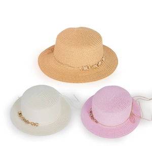 Women's wide-brim straw hats in khaki, white, and pink with stylish gold chain decor