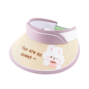 Kids summer straw sun visor with purple band and cute cartoon rabbit patch for UV protection