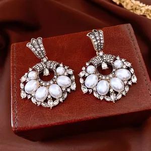 Vintage Baroque Round Dangle Earrings With Imitation Artificial Pearl Rhinestone Alloy And Silver Earring Post For Women
