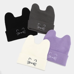 Cute knitted cat ear beanies with whisker embroidery in black, gray, cream, and purple