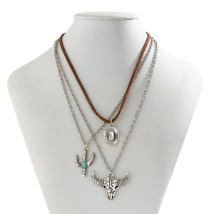 Close-up of triple-layered Western necklace with turquoise cactus and bull skull pendants