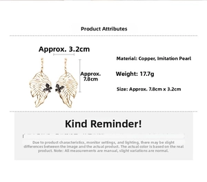 Detailed size and weight specs for gold leaf earrings with butterfly and pearl accents
