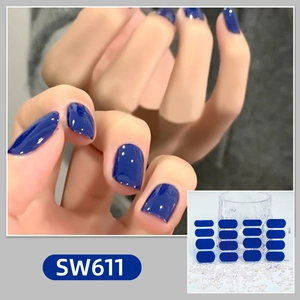 Detail of SW611 deep blue nail stickers with high-gloss finish and 16-piece set layout