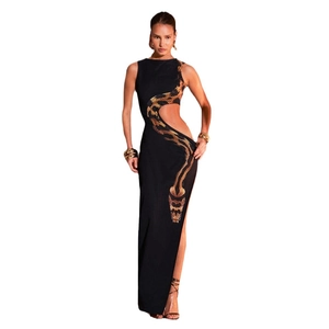Sexy schwarzes ärmelloses Maxikleid mit Schlangenprint, Seitenausschnitt und Schlitz
