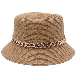 Straw bucket hat in natural tan with stylish rose gold metal chain trim
