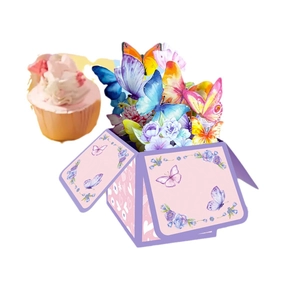 3D pop-up butterfly greeting card and flower gift box in purple and pink paper