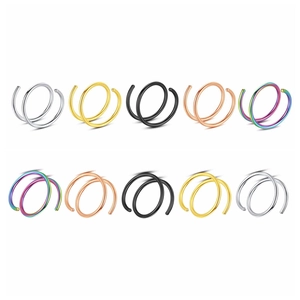 Double spiral nose rings in gold silver and rose gold steel for body piercing jewelry
