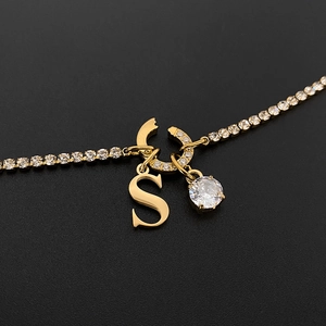 Gold 14K plated titanium steel necklace with letter S and round CZ diamond pendant