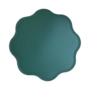 Waterproof green faux leather flower placemat with stitched edges and petal shape design