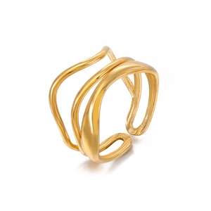 18K gold plated stainless steel triple layer wavy adjustable ring for women in minimalist style