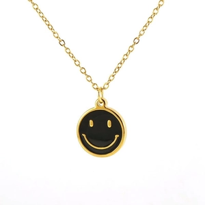 Collier en acier inoxydable plaqué or 18 carats avec pendentif smiley en émail noir