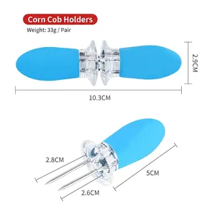 Interlocking stainless steel corn holders with ergonomic sky blue handles and safety base