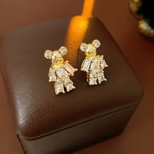 Teddy Bear Stud Earrings With Zircon Gold Plated Copper And 925 Sterling Silver Earring Post Fashion Jewelry For Women