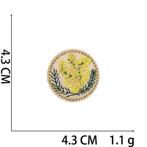 Round gold thread rose flower embroidery patch with yellow petals and 4.3cm diameter