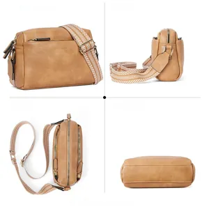 Multi-angle views of a caramel leather crossbody bag with ethnic patterned strap