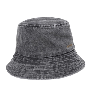 Vintage washed dark grey denim bucket hat with metal JHMY logo on a white background