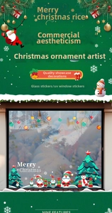 Détail d'autocollants de Noël pour fenêtres imprimés UV avec Père Noël et bonhomme de neige