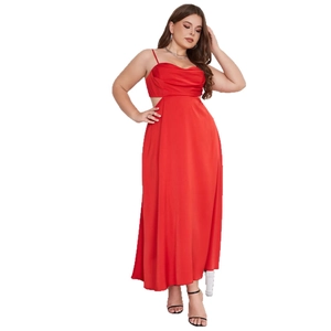 Sexy plus size red satin maxi dress with cutout waist and pleated bust detail