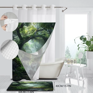 Detail of forest waffle fabric shower curtain and matching non-slip bath mat set