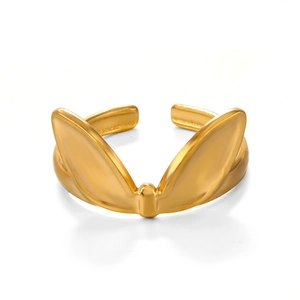 Adjustable golden stainless steel ring featuring minimalist butterfly wing design on white background