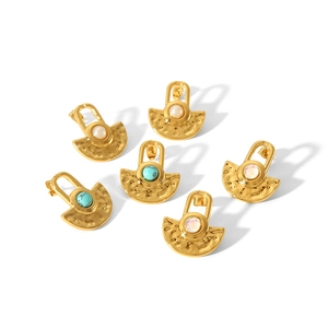 Hammered gold fan earrings with turquoise, pearl, and opal inlays on white background