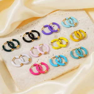 Enamel Hoop Earrings Stainless Steel With Copper Earring Post Colorful Round Geometric Retro Fashion For Women
