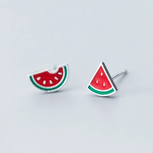 S925 sterling silver watermelon stud earrings featuring vibrant red and green enamel finish