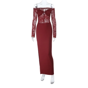 Close-up of deep red off-shoulder lace dress with long sleeves and cutout details