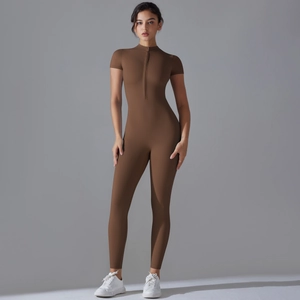 Detail of high-stretch sport unitard featuring a front zipper and stylish stand collar