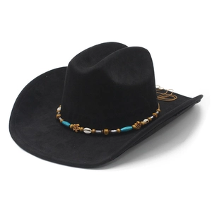 Black western cowboy hat with ethnic beaded band and shells on a white background