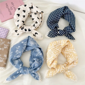 Lace-trimmed cotton linen headscarf set with heart and plaid patterns for women